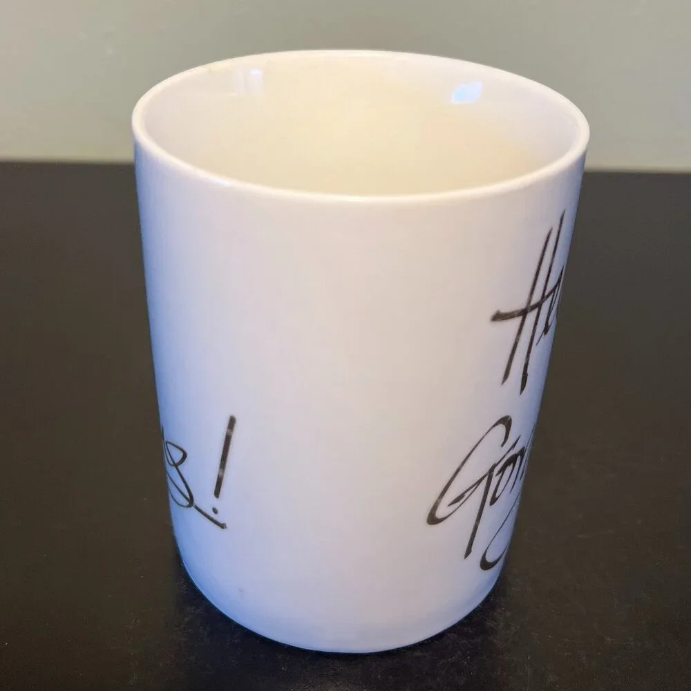 Pier 1 Hello Gorgeous Gold Ceramic Coffee Mug 14oz White Metallic Script